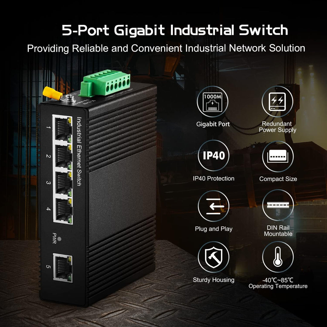Binardat 5 Port Gigabit Din Rail Industrial Ethernet Switch, 4 Ports and 1 Uplink 10/100/1000Mbps, F