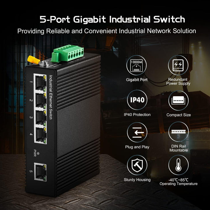 Binardat 5 Port Gigabit Din Rail Industrial Ethernet Switch, 4 Ports and 1 Uplink 10/100/1000Mbps, F