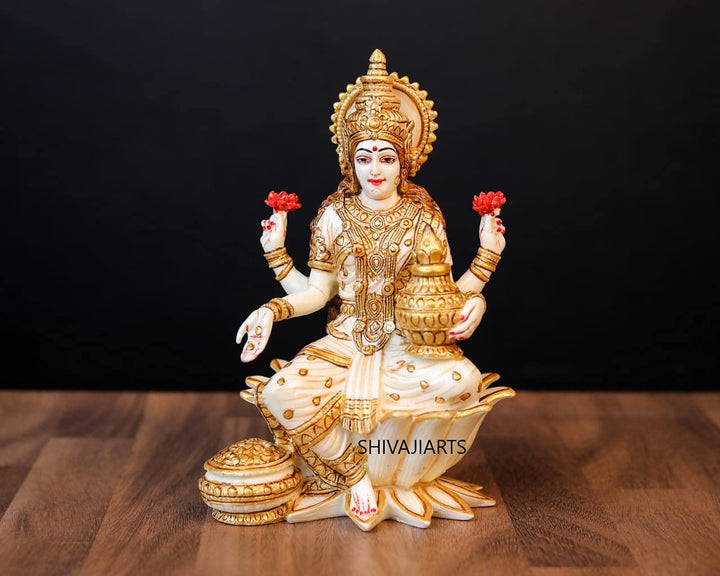 SHIVAJI ARTS Lakshmi Statue Zuchtmarmor, 18 cm, Weiss, Grösse M, 1 Stück