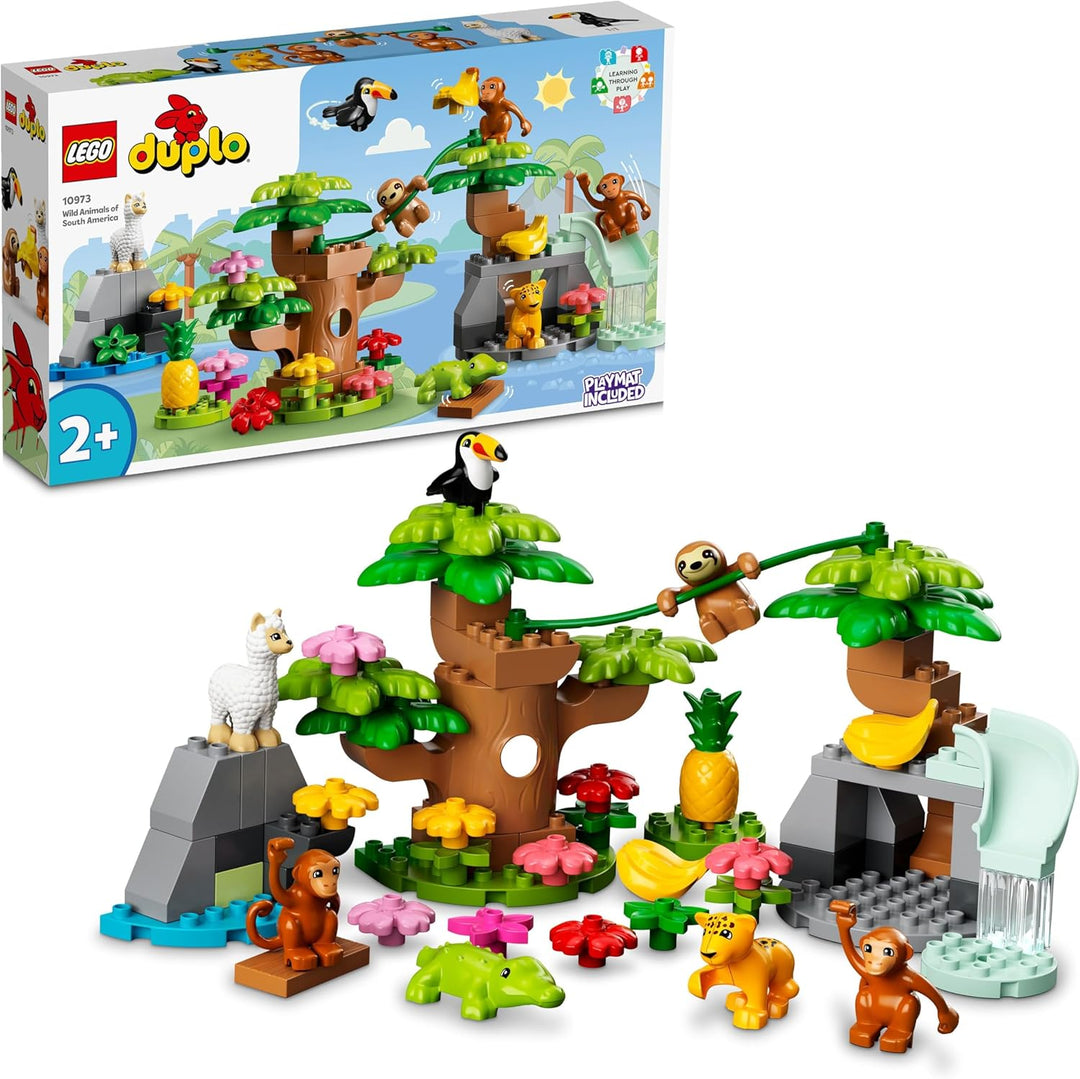 LEGO 10973 DUPLO Wilde Tiere Südamerikas Spielzeug-Set mit 7 Tierfiguren, Steine und Dschungel-Spiel