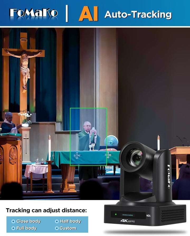 FoMaKo 4K 60FPS NDI HX3 PTZ Kamera, KI-Auto-Tracking, 20x Optischer Zoom NDI-Ausgang 4K@60, mit HDMI