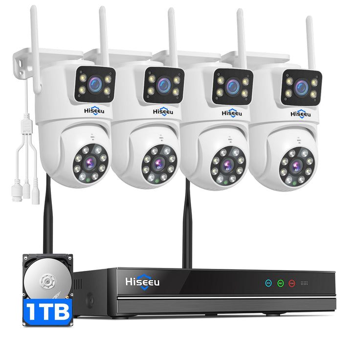 Hiseeu 3MP WLAN Überwachungskamera Aussen Set mit 10CH NVR mit 1TB HDD,4 Dualobjektiv Kabellose Kame