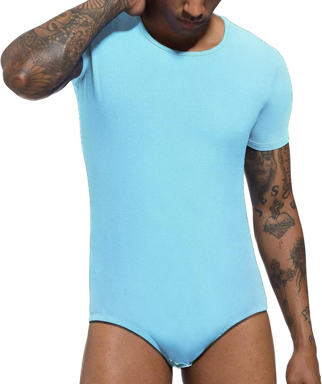 Landofgenie Männer Kurzarm Strampler Pyjama Bodysuit One Piece Strampler Hellblau 3XL, Hellblau 3XL