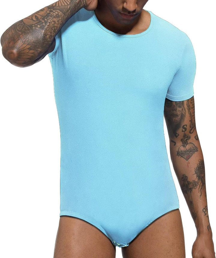 Landofgenie Männer Kurzarm Strampler Pyjama Bodysuit One Piece Strampler Hellblau 3XL, Hellblau 3XL