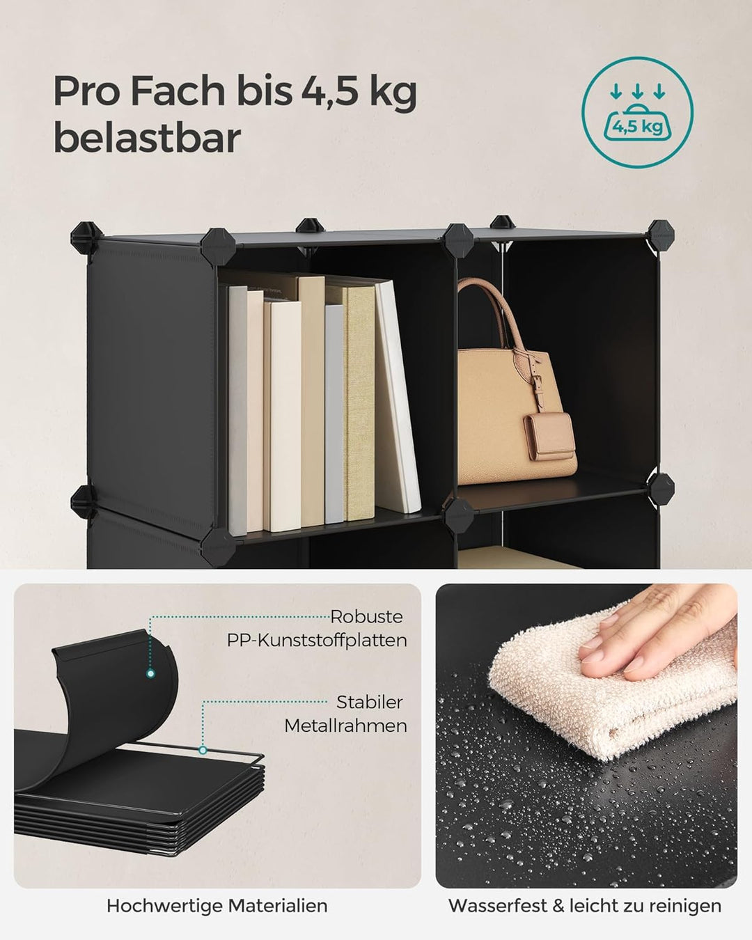 SONGMICS Regalsystem, Schuhregal, Set aus 12 Würfeln, Kleiderschrank aus Kunststoff, mit Türen, Stec