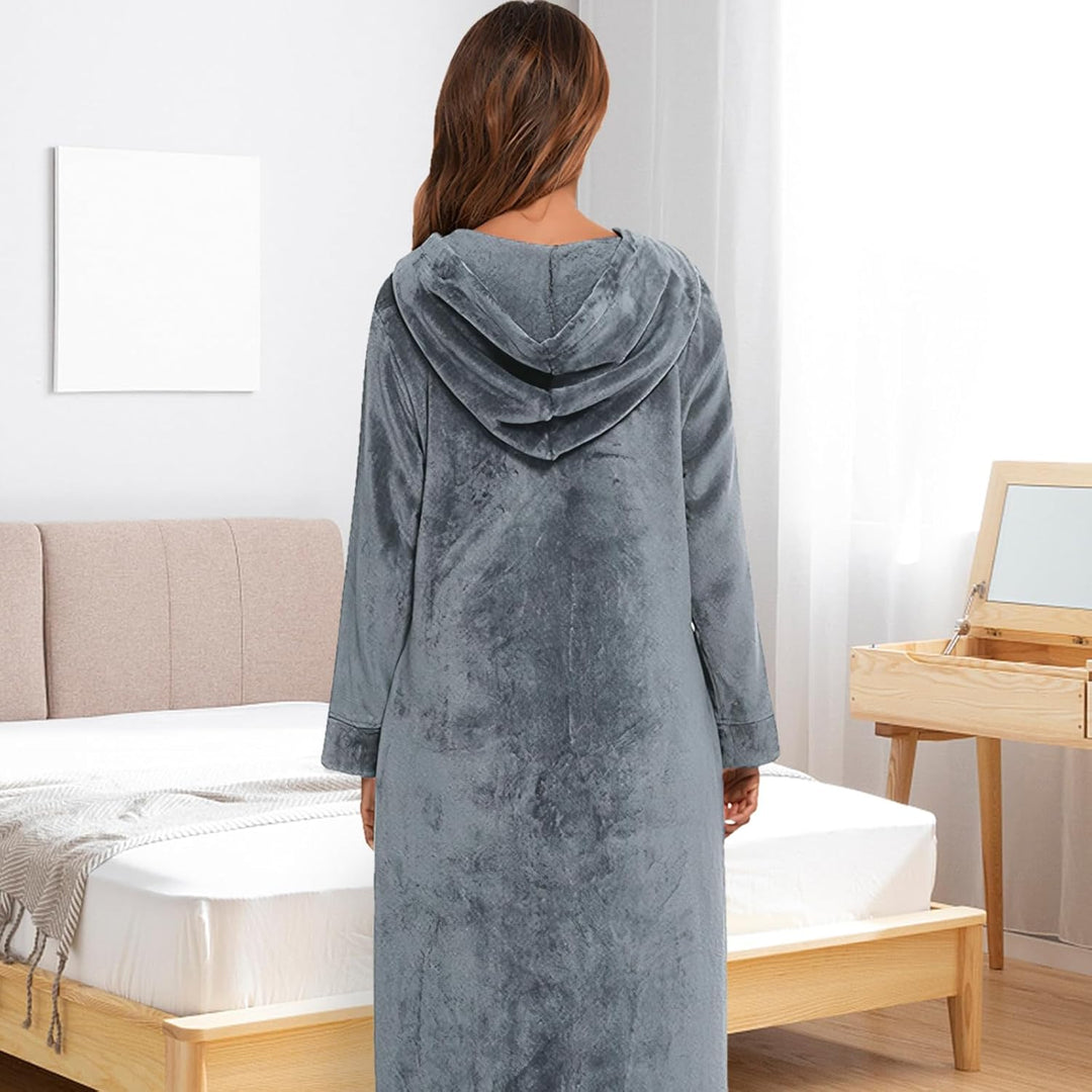 Figarge Bademantel Damen und Herren mit Reissverschluss und Kapuze langer Bademantel Fronttaschen Sa