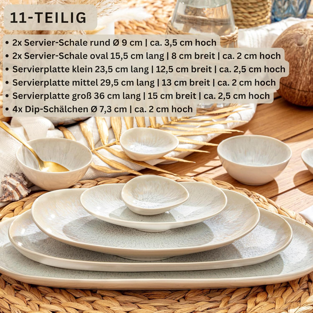 SÄNGER Korfu Servierplatten Set 11tlg Steingut in Creme Beige mit Maserung | Elegantes Anrichteplatt