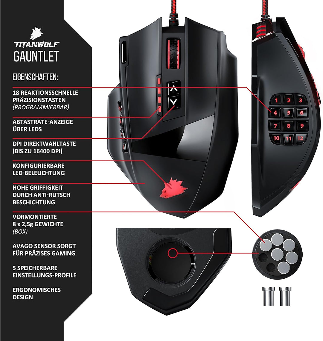 Titanwolf - 16400 DPI USB Laser Gaming Mouse - 18 Tasten - 16400 DPI - konfigurierbare LED-Farb-Bele
