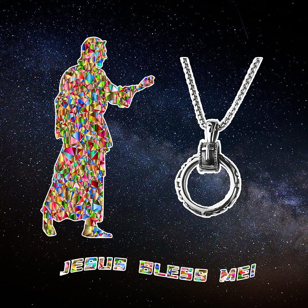 Runder Kreis Kreuz Jesus 7 Anhänger Silber Schwarz Statement Halskette, Original Geschenk Für Mann 7