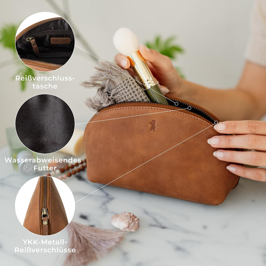 Berliner Bags Vintage Kosmetiktasche Zoe, Kleiner Kulturbeutel, Schminktasche aus Leder, Federmäppch