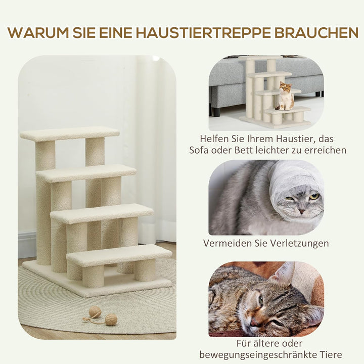 PawHut Tiertreppe Katzentreppe Hundetreppe Treppe für Katze und Hunde 4 Stufen Beige 63,5x43x60cm, B