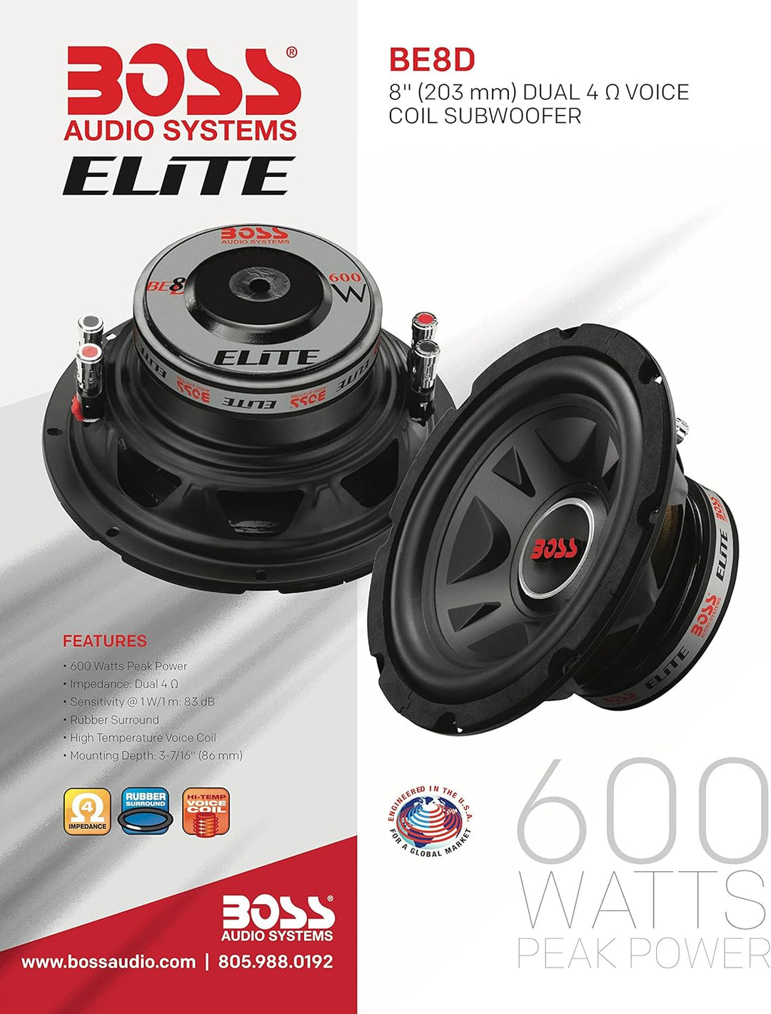 1 SUBWOOFER Audio Systems Elite BE8D 20 cm 200 mm 8" Durchmesser Doppelschwingspule 4+4 Ohm 300 Watt