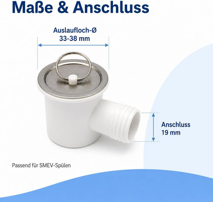 Ablaufgarnitur für SMEV-Spülen 19 mm, weiss, mit verchromtem Metallsieb und Deckel