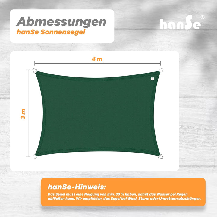 hanSe Sonnensegel rechteckig, Segeltuch Rechteck, 3x4m in Grün, aus HDPE Gewebe, wetterbeständig, mi