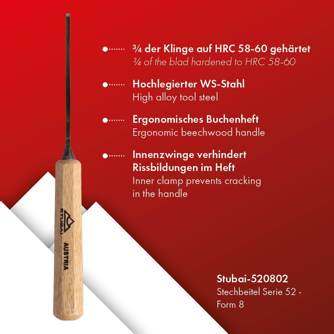 STUBAI Stemmeisen Stechbeitel Serie 52 - Form 8 | Gerades Hohleisen 2 mm, mit Holzgriff, für Figuren