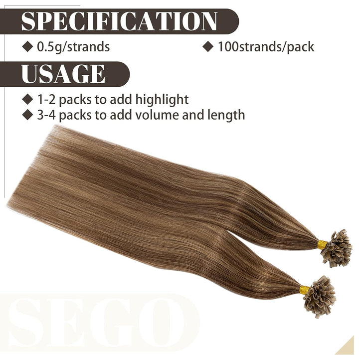 SEGO Bondings Extensions Echthaar 0.5g/Strähnen Haarverlängerung Keratin U-Tip Glue 100 Strähnen 100