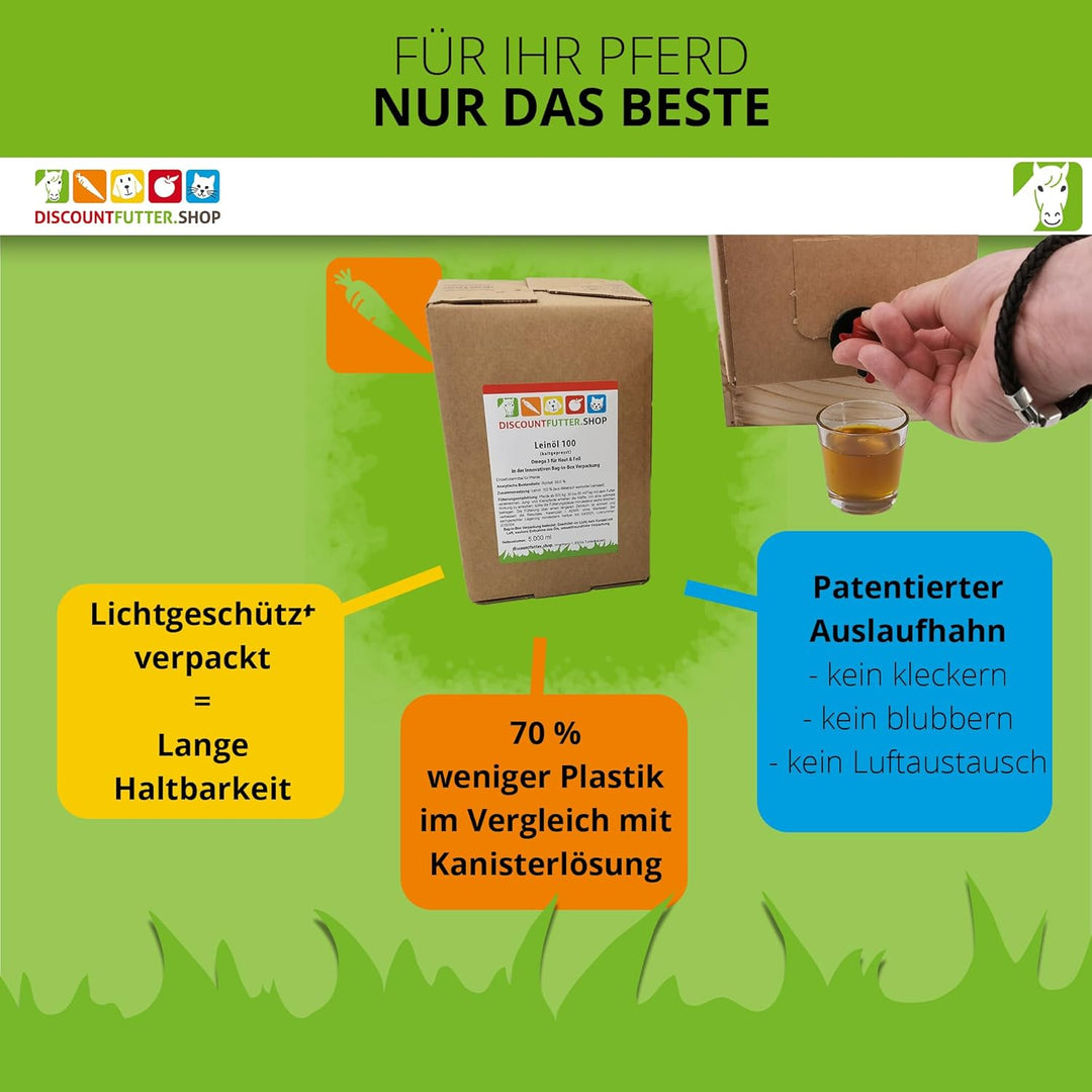 Leinöl 100 (2 x 5 Liter BiB) für Pferde | kaltgepresst | 70% weniger Verpackung (Plastik) | glänzend