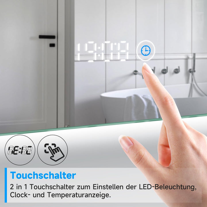 SONNI Badspiegel mit Beleuchtung 120×60 cm Uhr Temperaturanzeige LED Badspiegel mit Touchschalter Ba