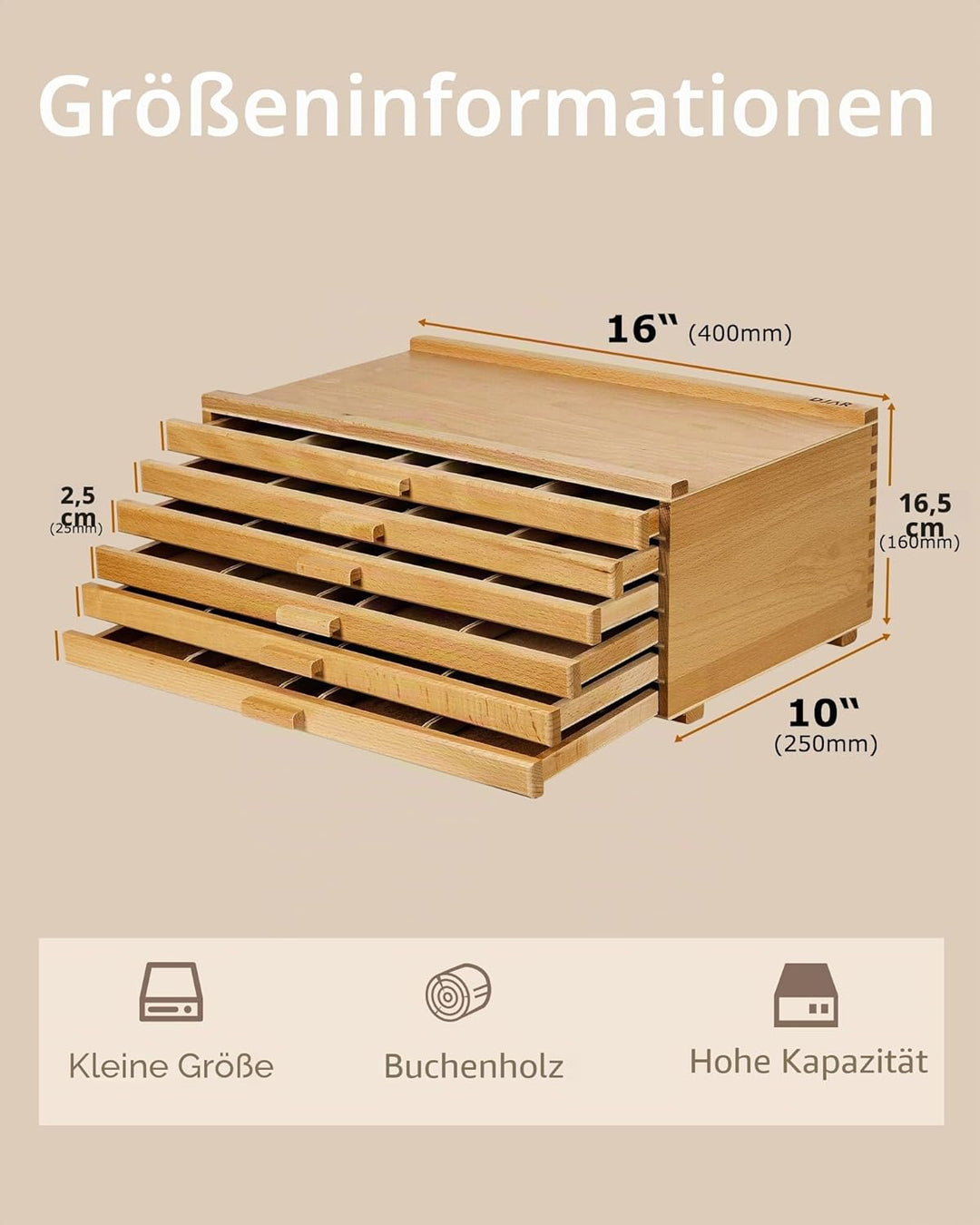 DJAR Grosse Kunst Aufbewahrungsbox mit 6 Schubladen, Tragbares Buchenholz Kunst Suppiles Organisator