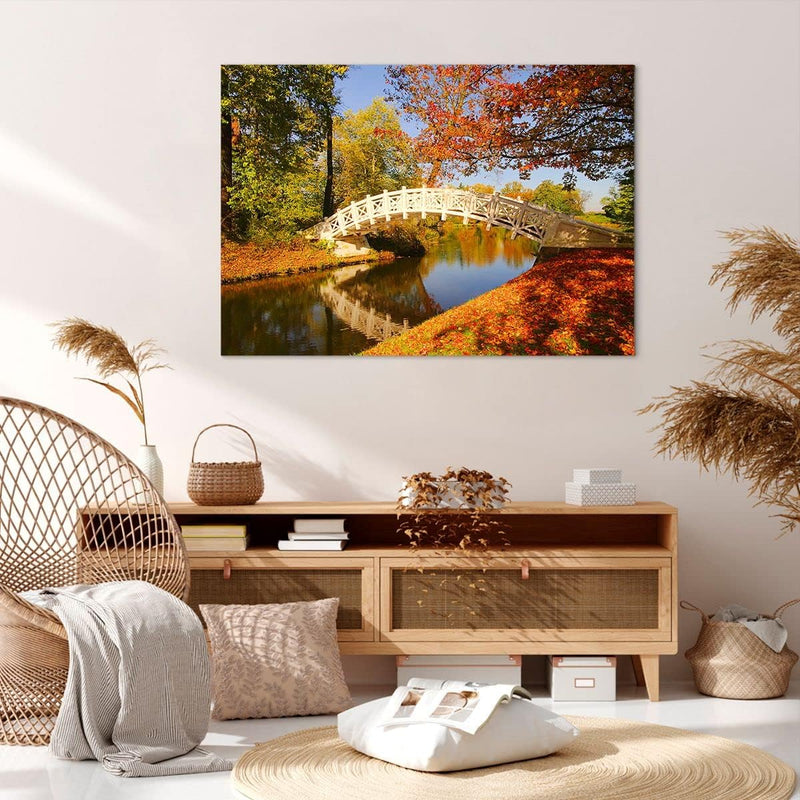 Bilder auf Leinwand 100x70cm Leinwandbild Stream Fussgängerbrücke Herbst Gross Wanddeko Bild Schlafz