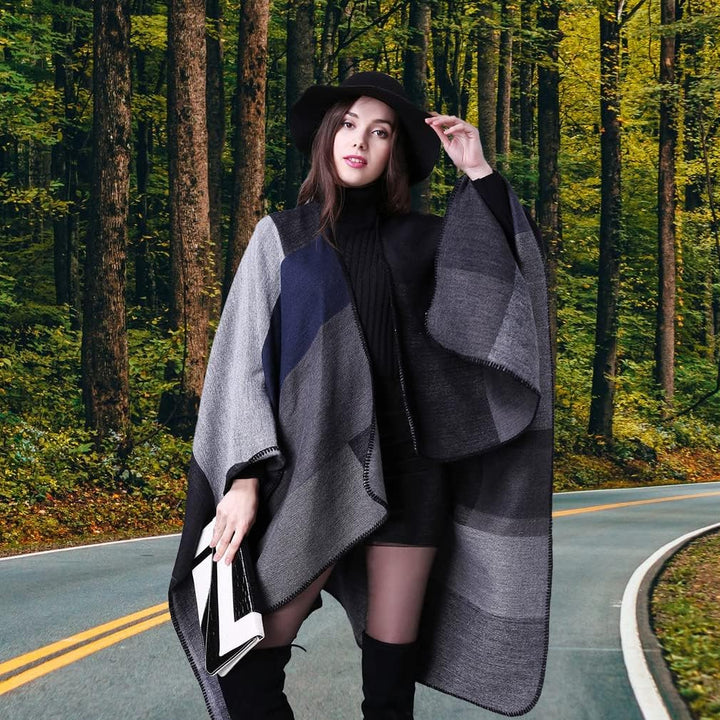 Lifetooler Frauen Poncho Damen Open Front Winterstrickjacke Lady Wendeumhang Bedruckte übergrosse Um