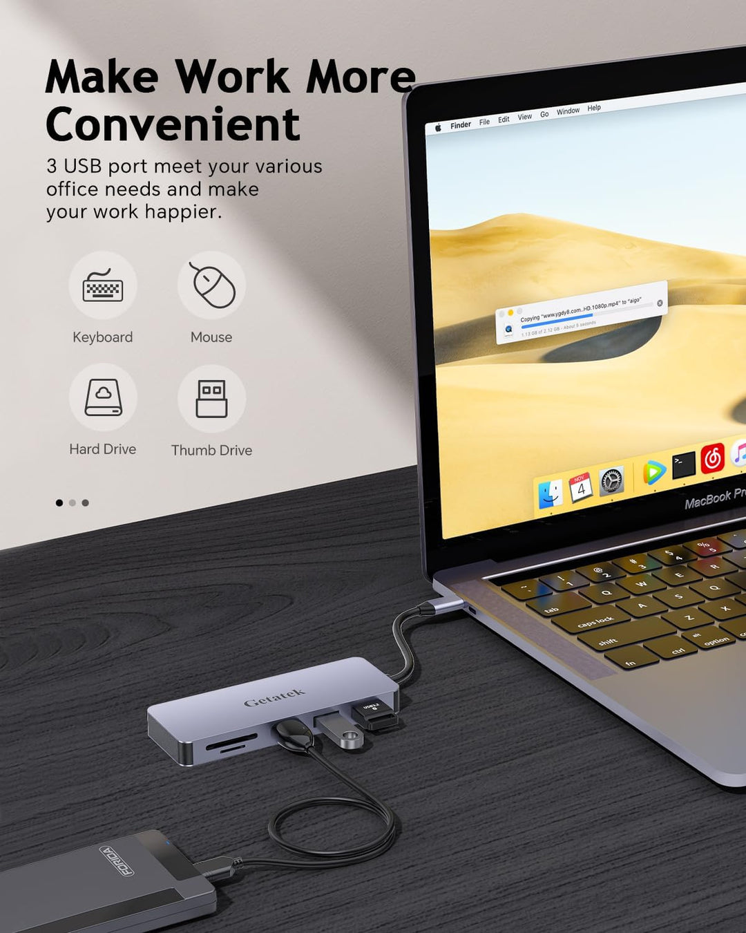 7 IN 1 USB C Hub Mit HDMI, USB3.2 10Gbps, 2 USB 2.0, 100W PD, SD/TF Kartenleser, Für 2024-2016 MacBo
