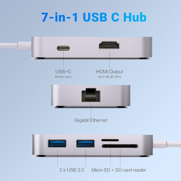 MINIX USB C Adapter, 7 in 1 USB C Hub Muliport Adapter 4K HDMI, Gigabit Ethernet, 2 USB 3.0, 100W PD