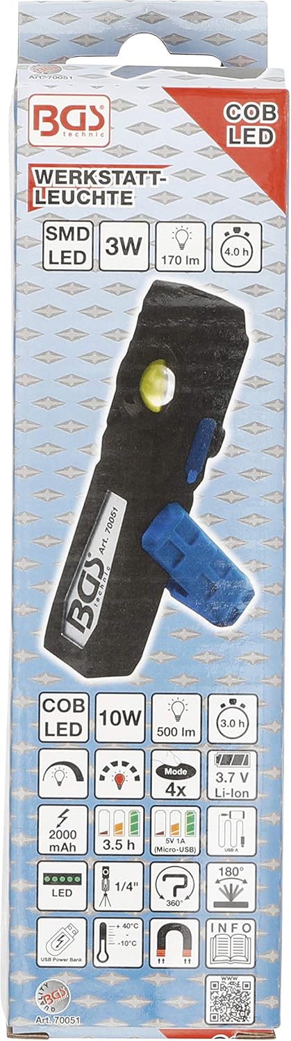 BGS 70051 | COB-LED-Werkstattleuchte mit Magnet und Haken | klappbar | Akku | Arbeitsleuchte | Werks