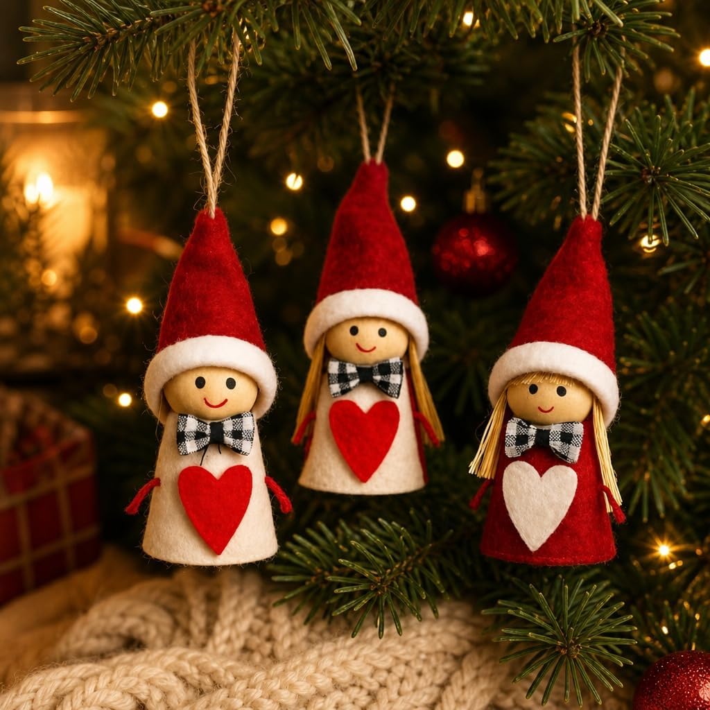 MIJOMA 12er Set Weihnachtswichtel – Handgemachter Baumschmuck aus Holz &amp; Stoff – Deko-Wichtel für Ta