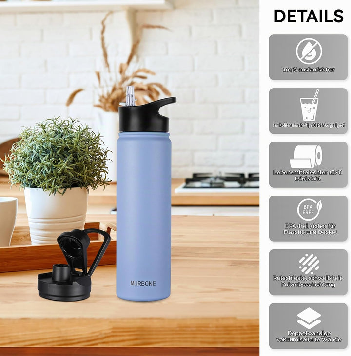 Edelstahl Trinkflasche 750ml (+2 Deckel)-mit Strohhalm,BPA frei,Thermosflasche Auslaufsicher,Kohlens