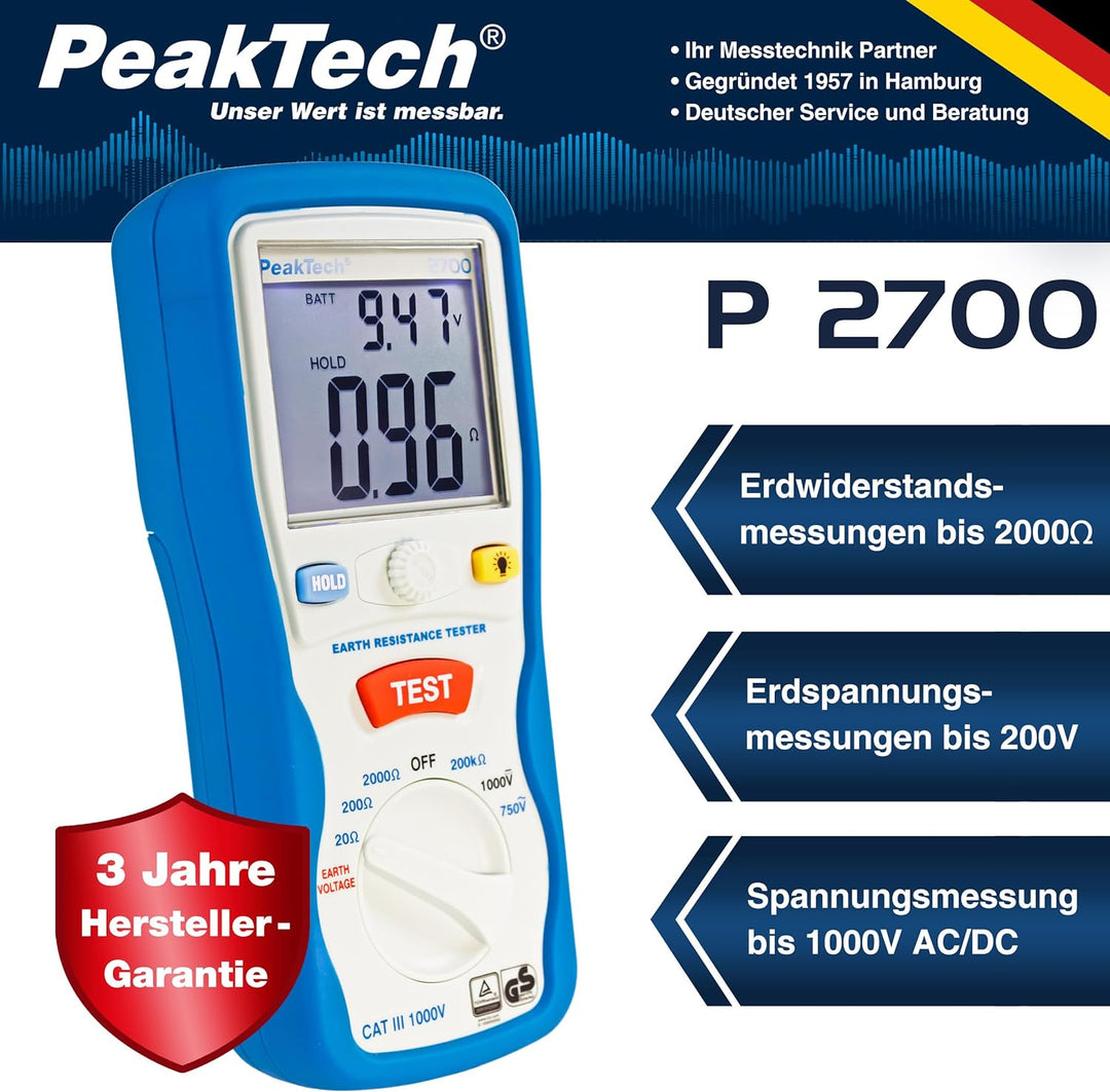 PeakTech P 2700 2700 - Digitales Erdungsmessgerät mit beleuchtetem Dual LCD-Display & 2 Erdungsstäbe