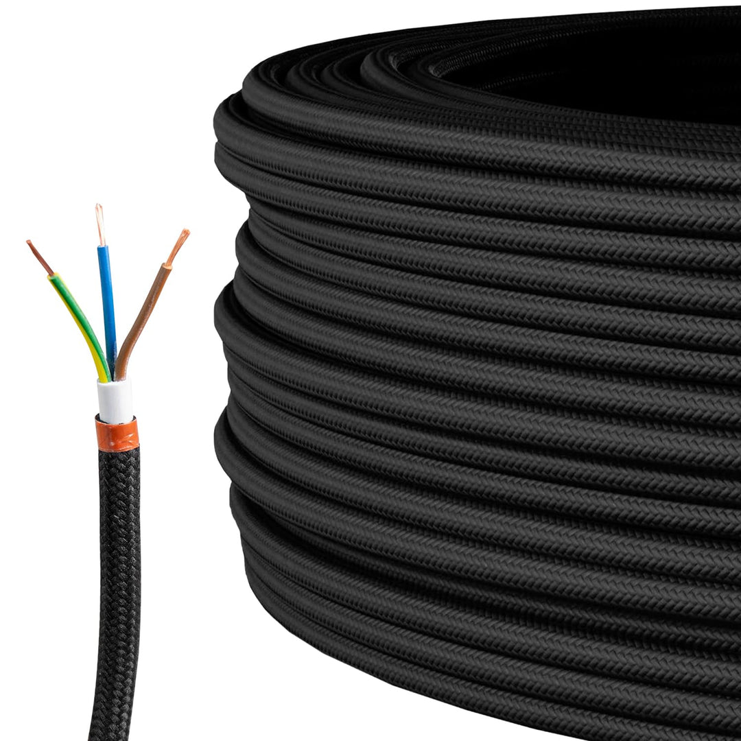 Textilkabel für Lampe, Stoffkabel 3-adrig (3x0,75mm²), Schwarz - 5 Meter 5 Meter Schwarz, 5 Meter Sc