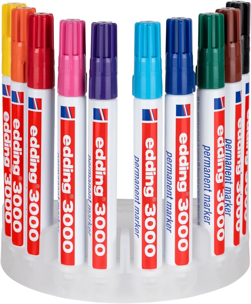 edding 3000 Permanentmarker - 10 Stifte in Stiftehalter - Rund-Spitze 1,5-3 mm - schnell trocknender