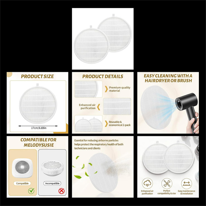 2er-Packung Ersatzfilter für Nagelstaubsammler - 17x17 cm Weisses Polypropylen-Gewebe, kompatibel mi