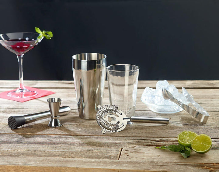 Rosenstein & Söhne Cocktail Set: Boston-Cocktailshaker-Set aus Edelstahl mit Glas, 6-teilig, 0,8 l (