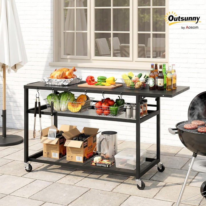 Outsunny Gartenwagen Grillwagen auf Rollen Kücheninsel mit klappbarer Seitenablage, drei Ablagefläch