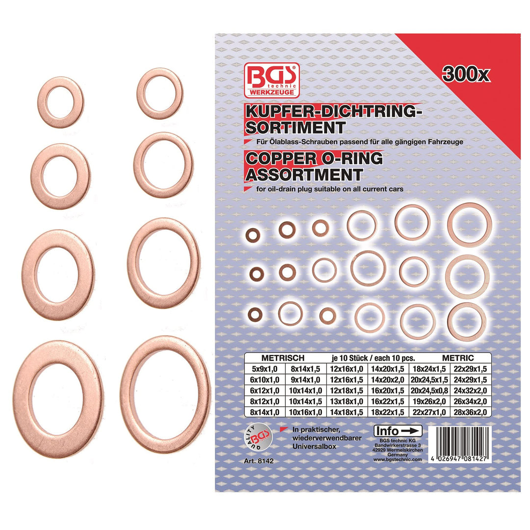 BGS 8142 | Dichtring-Sortiment | 300-tlg. | Kupfer | inkl. Sortimentskasten | Kupferringe | Kupfer-D