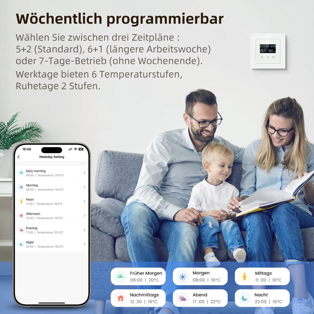 Samrt WiFi Themrmostat für Elektrische Fussbodenheizung, 55 x 55mm Standard, Glasfläche, Programmier