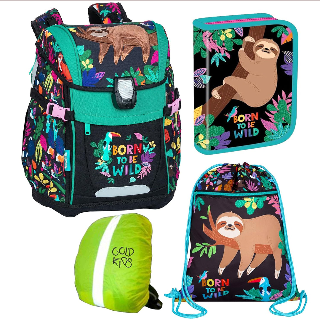 Goldkids Schulranzen Schulranzen-set Born to be wild Ranzen Kinderrucksack, Federmappe, Schuhbeutel,