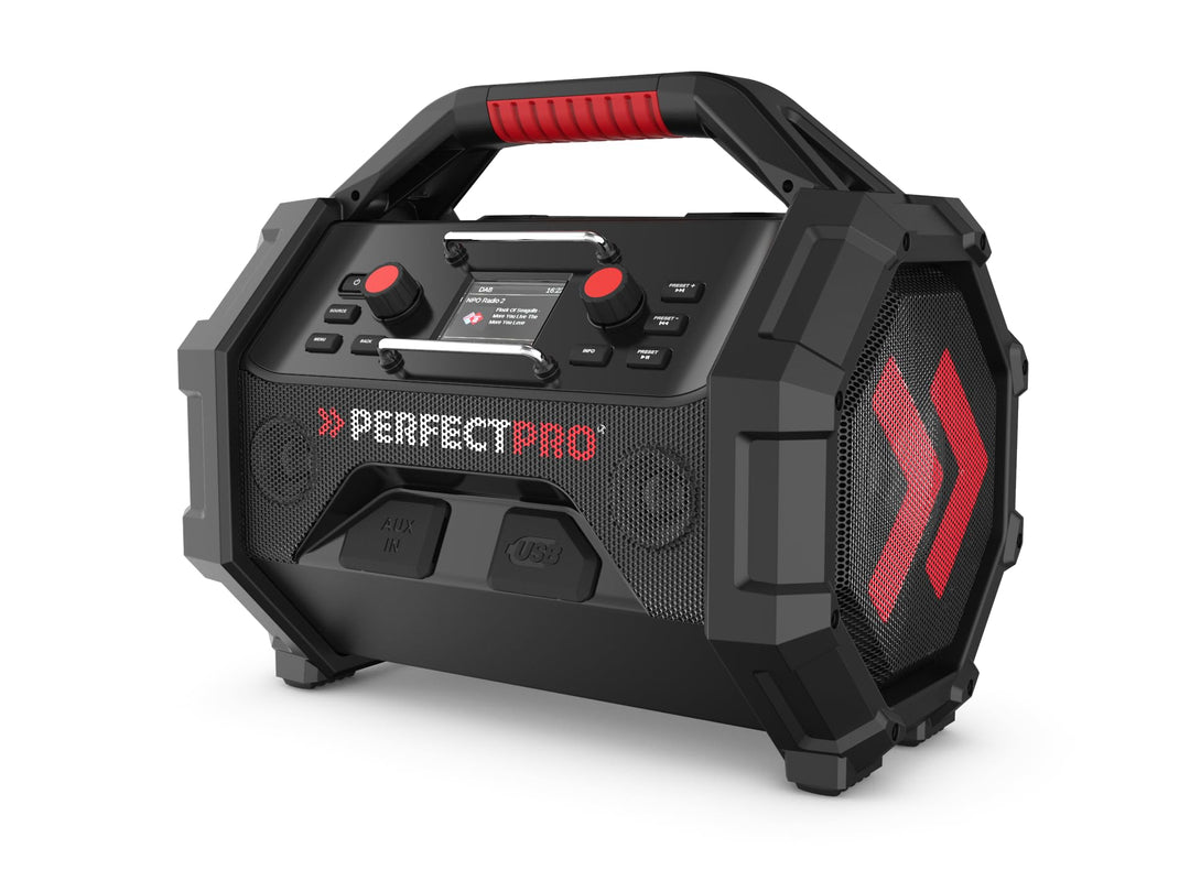 PerfectPro Baustellenradio ROCKTAGON 18V, DAB+ und UKW-Empfang, AUX-Eingang, USB Laden, Bluetooth 5.