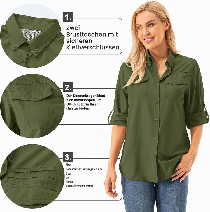 Asfixiado Damen Hemdbluse UV Shirt UPF 50+ Safari Kleidung Wanderbluse Damen Outdoor Cooling Quick D