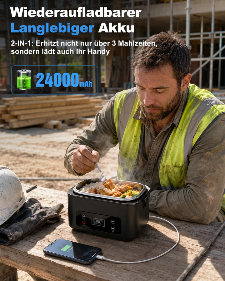 Elektrische Lunchbox, 100W Brotzeitbox Brotdose Gross 1.2L, Kabellos Tragbare Beheizbare Lunchbox El