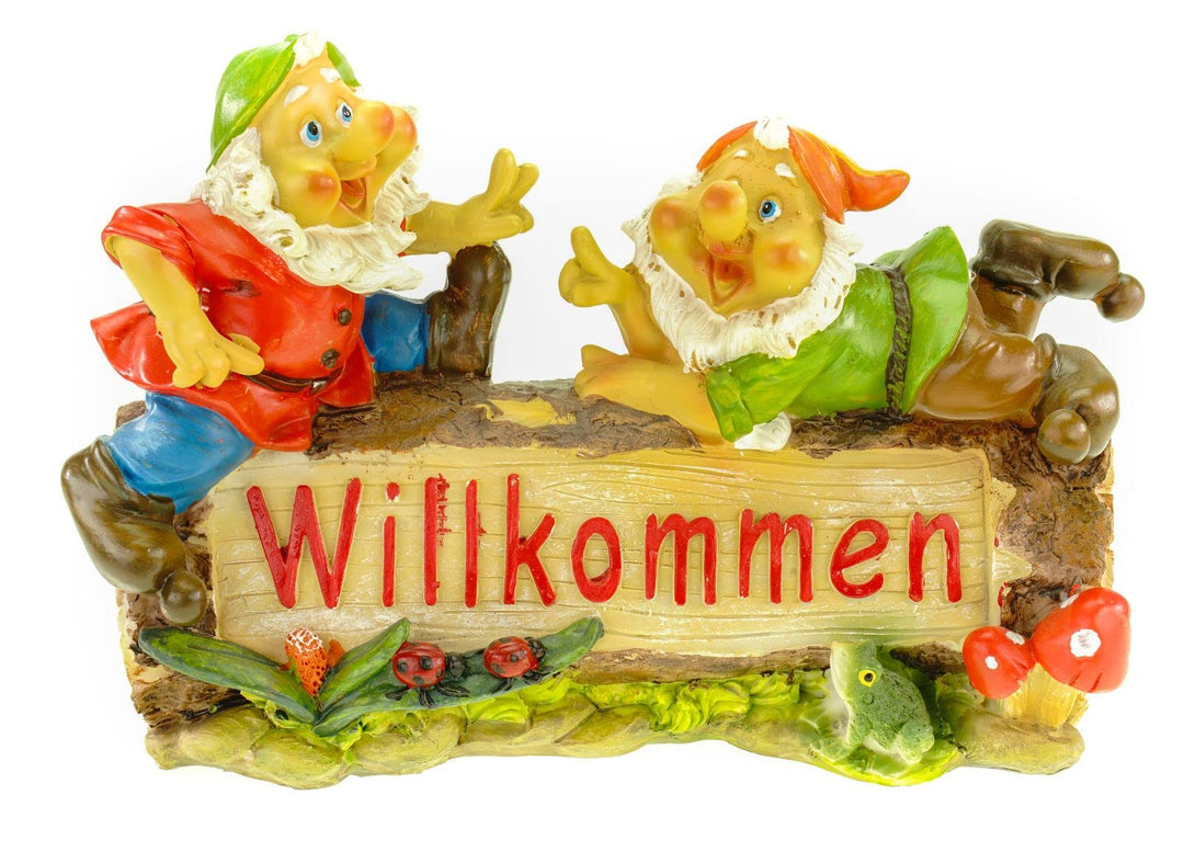 G. Wurm GmbH + Co. KG Welcome Gartenzwerg auf Holzstamm 26 cm Gnom Figur Gartenfigur Zwerg