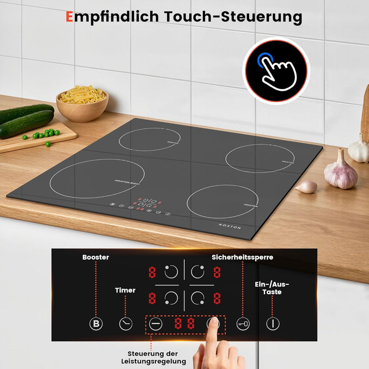NOXTON Induktionskochfeld 60 cm mit Weisse Gläser und blaues Bedienfeld, Induktionsfeld Flexzonen 3