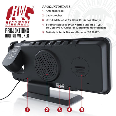 CSL - Radiowecker digital – Projektionswecker – 7 Tasten – 2 Alarme – Projektion und Licht – Autodim