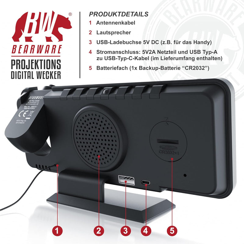 CSL - Radiowecker digital – Projektionswecker – 7 Tasten – 2 Alarme – Projektion und Licht – Autodim