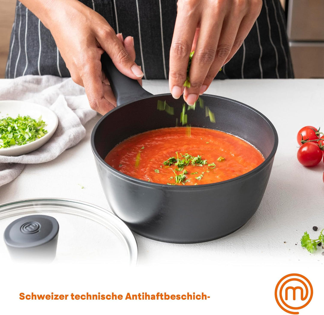 MasterChef Kochtopf mit Glasdeckel, 20cm Induktionskochtöpfe, Nudeltopf, Suppentopf, Schwarz Alumini