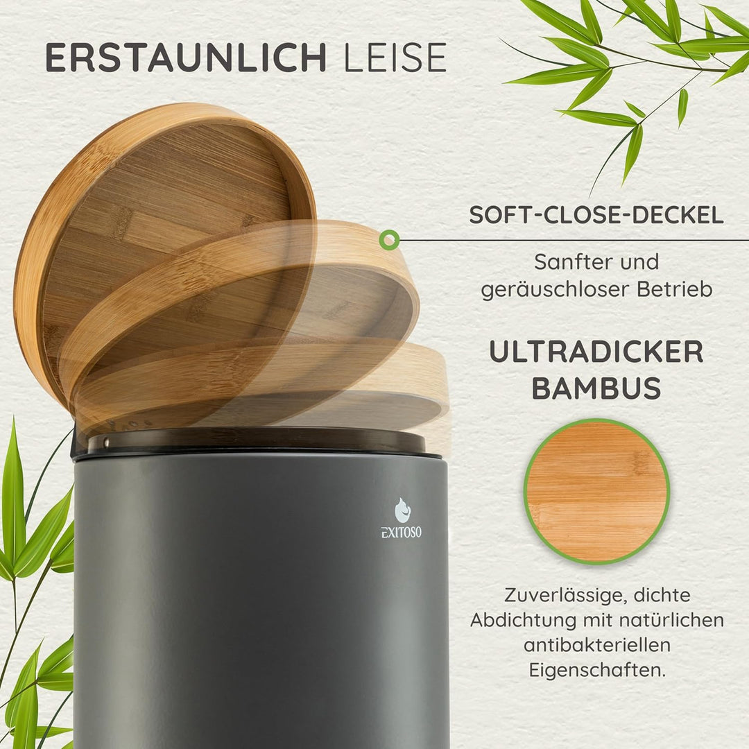 Exitoso 5L Mülleimer Bad Grau - Kosmetikeimer mit Bambus-Holzdeckel und Absenkautomatik - mit Rutsch
