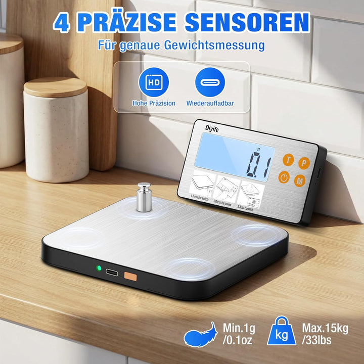 Diyife Küchenwaage Digital Geteilt, Edelstahl 1g/15Kg Haushaltswaage, USB-Aufladung und Batteriebetr