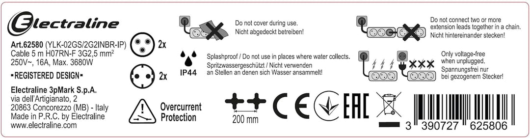 Electraline 62580 Professionelle Steckdosenleiste/Verlängerung für den Aussenbereich, CEE-Stecker,4-